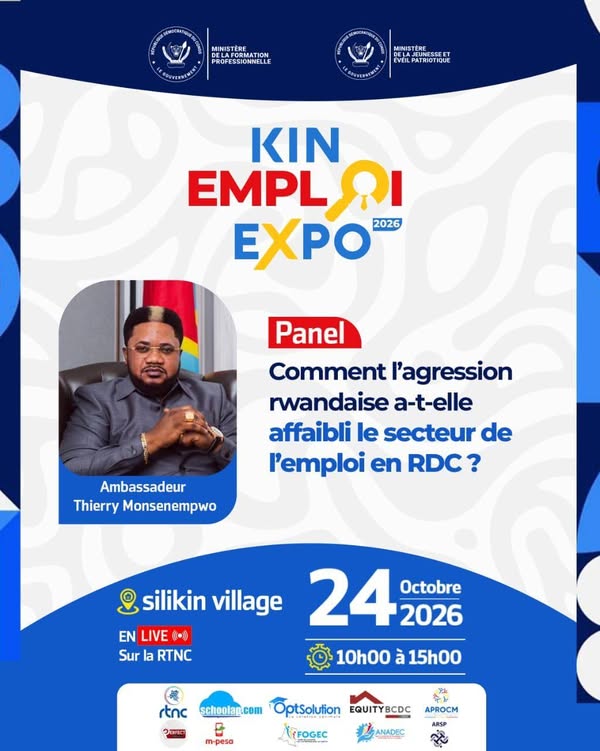 Affiche du programme annoncé de Kin Emploi Expo 2026 avec Thierry Monsenepwo.